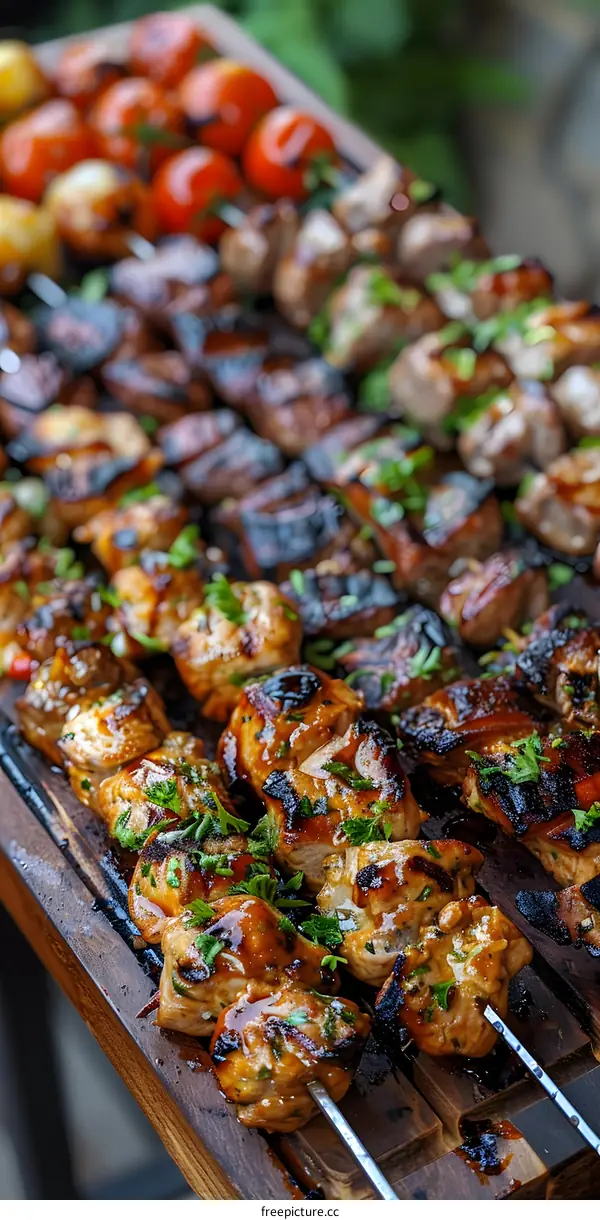 A variety of grilled meats on skewers