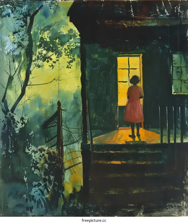 African American Woman Standing on a Porch at Dusk