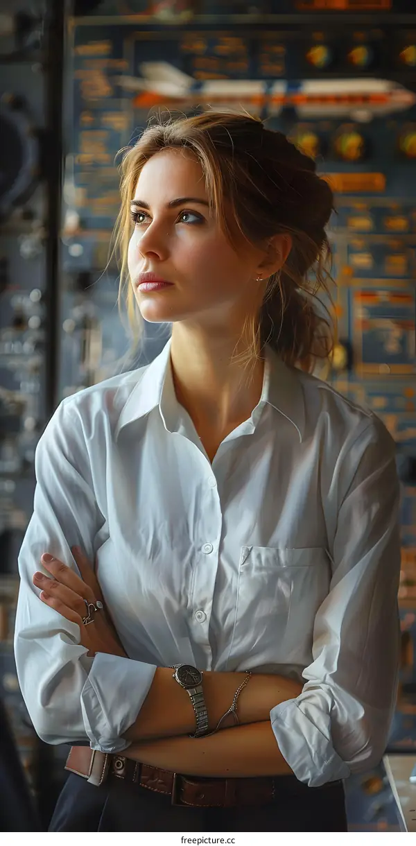 portrait of a beautiful girl in a white shirt standing in front of an airplane dashboard