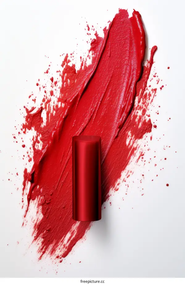 Red lipstick smudge with a red lipstick tube