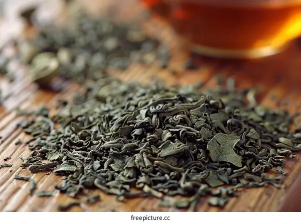 Green tea leaves close up