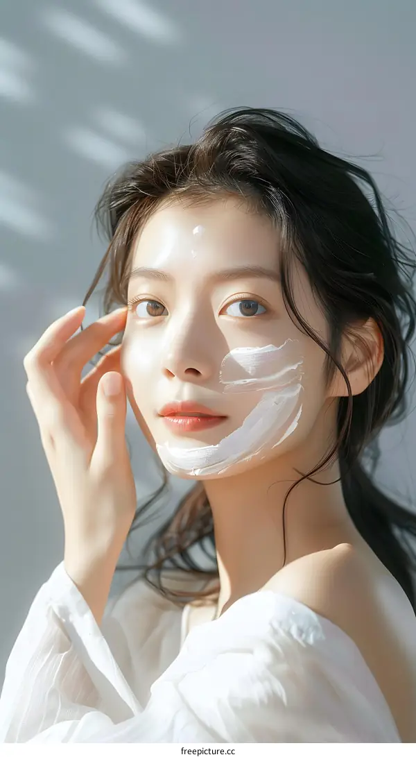 Young Asian Woman Applying Face Mask With White Cream