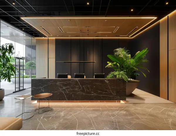Modern Office Lobby with Marble Reception Desk and Greenery
