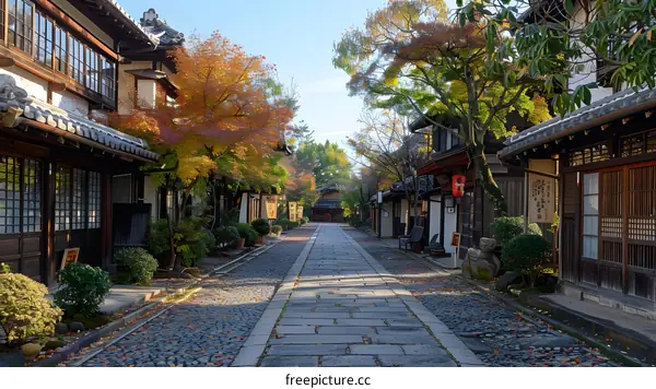 Cobblestone Street in Traditional Japanese Village with Autumn Foliage