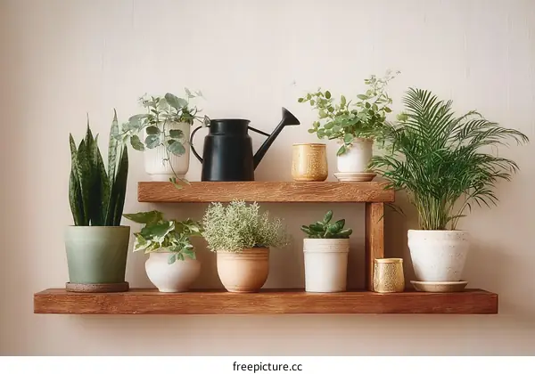 Wooden Shelf Displaying Various Houseplants