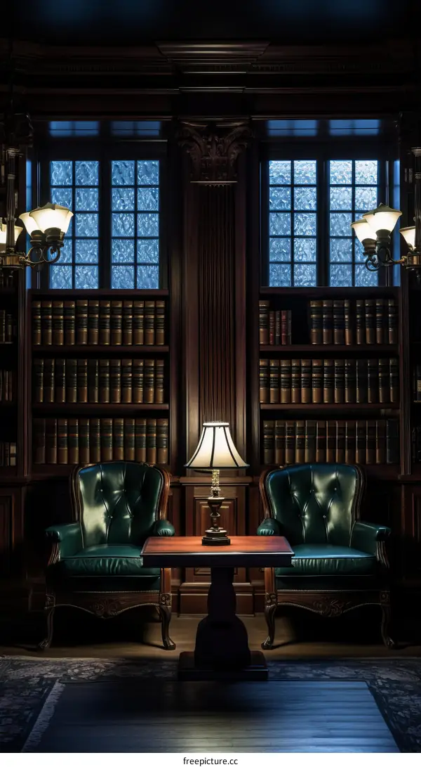 Two green armchairs in a library