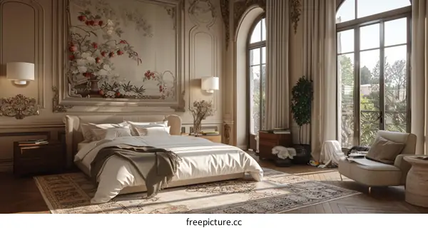 Elegant bedroom interior with large window
