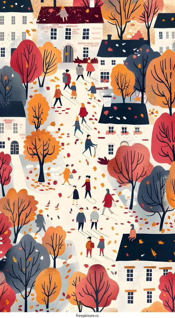 Autumn in the Town, People Walking Through Fall Foliage and Houses