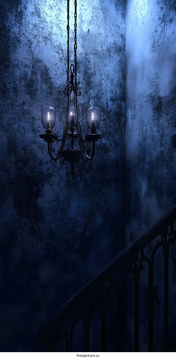 Antique Chandelier Hanging in a Dark Stairwell