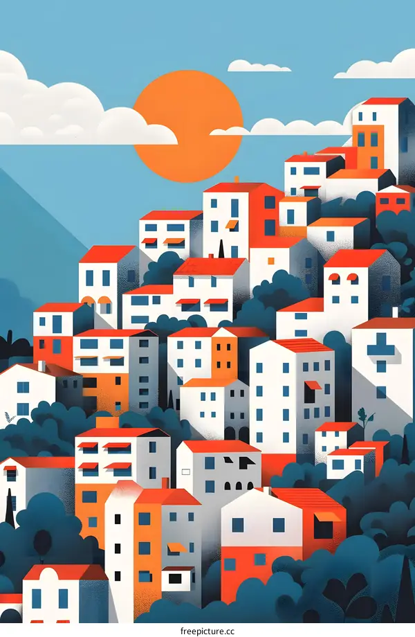 Abstract Illustration of a Town with Buildings and Trees under the Sun