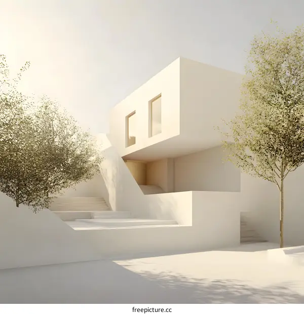 Minimalist Modern Architecture with White Walls and Trees