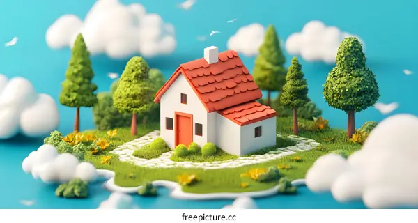 Cute House in the Clouds Illustration
