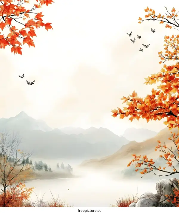 Autumn Mountain Landscape with Fog and Butterflies