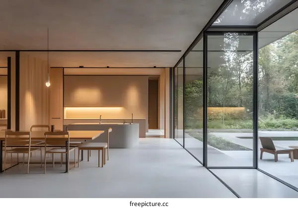 Modern Minimalist Kitchen With Large Glass Walls And View Of Garden