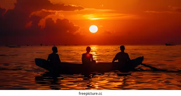 Three silhouettes in a boat on a lake at sunset