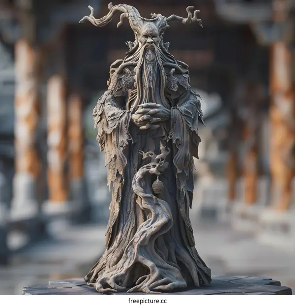 A wooden statue of a tree spirit with intricate details and a blurred background