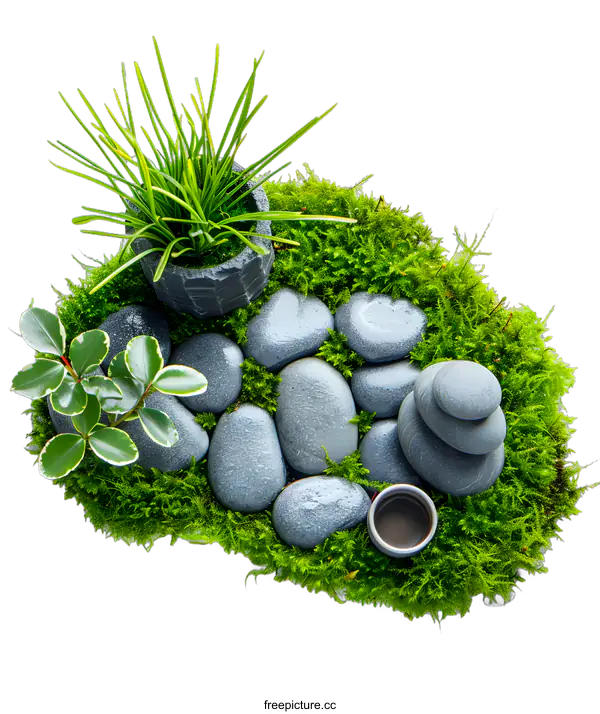 [Transparent Background PNG]Zen Garden Stones and Moss with Small Potted Plant