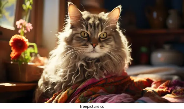 Fluffy Cat Relaxing on Colorful Blanket by Window