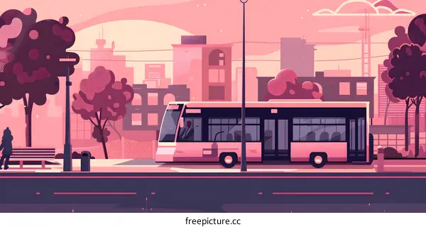 Pink Bus Illustration with Cityscape Background