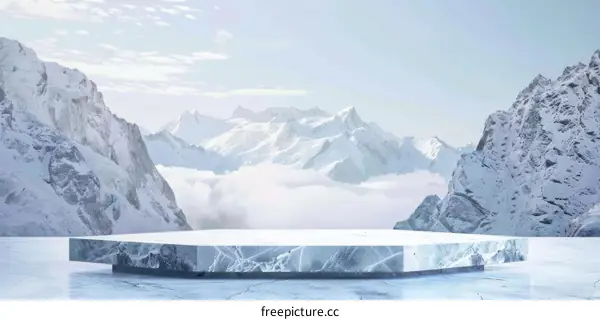 3D Rendering of a Marble Podium in a Snowy Mountainous Landscape