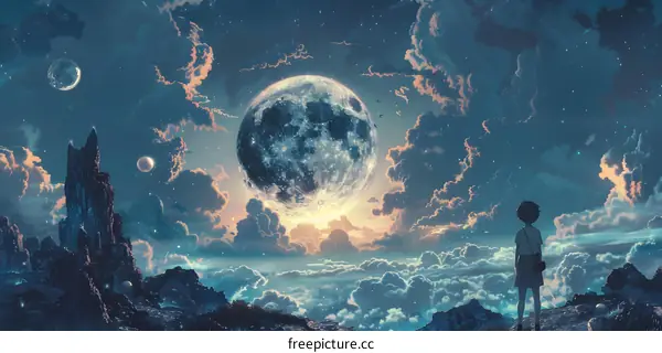 boy looking at the starry sky and moon