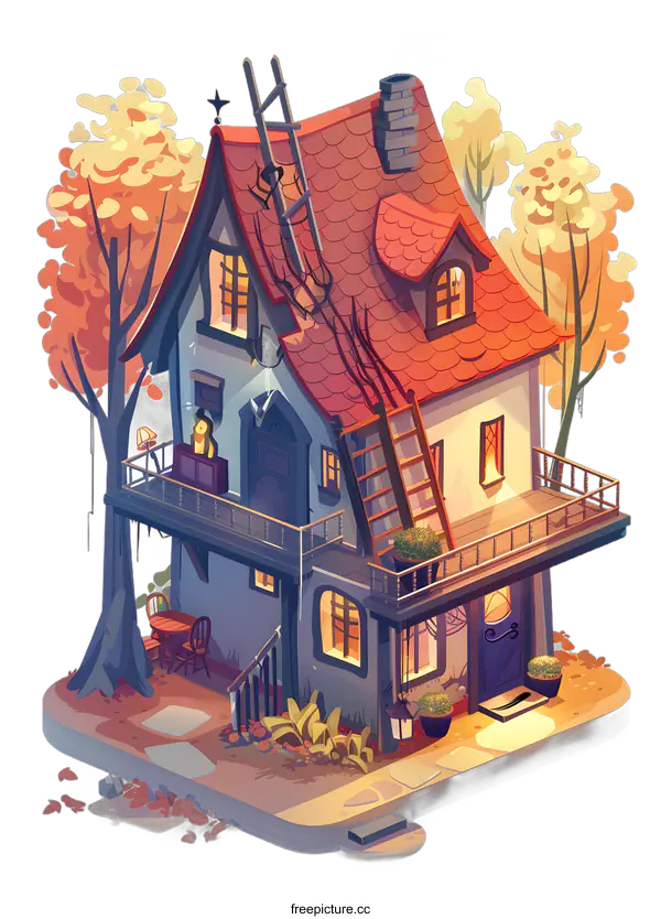 [Transparent Background PNG]Charming Cartoon Illustration of a Two Story House with Red Roof