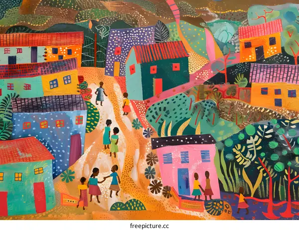 Colorful Village with People Walking on Path