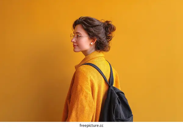 Young Woman with Backpack Against a Bright Orange Background