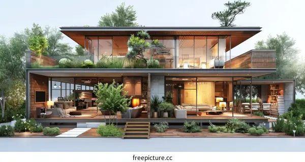 Modern House with Glass Windows and Serene Ambiance