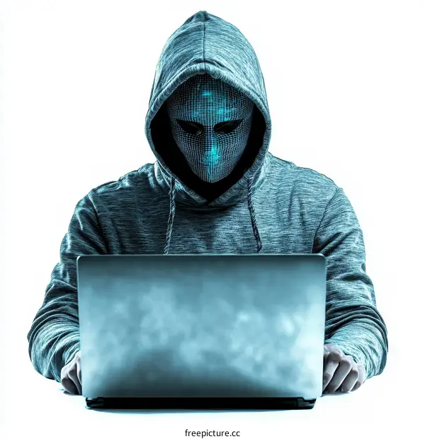Cybercriminal Working on Laptop with Digital Mask