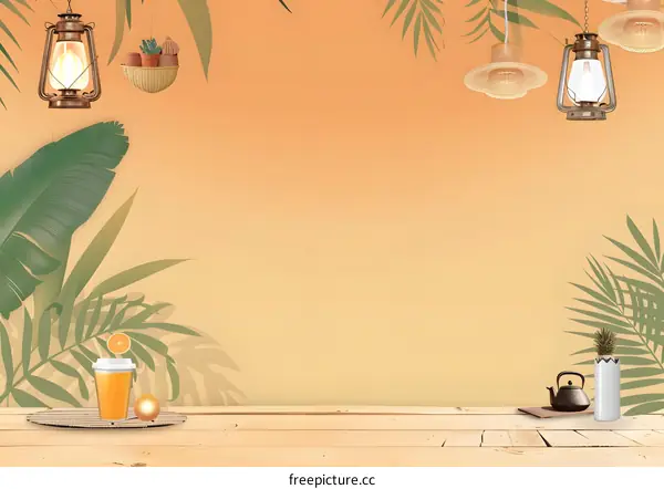 Tropical Summer Background With Wooden Table
