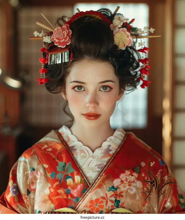 Portrait of a young woman in a kimono