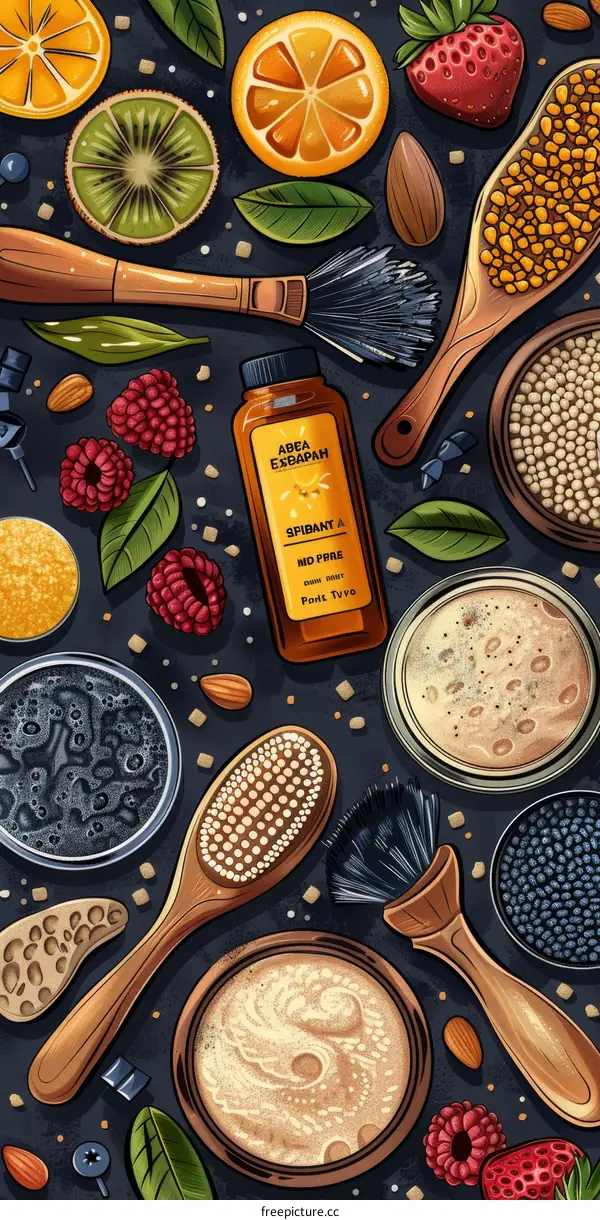 Natural skincare ingredients with wooden beauty tools