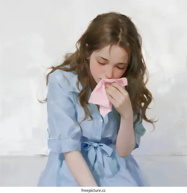 A Young Girl Wiping Tears with Pink Tissue in Light Blue Dress