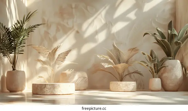 Minimalist background with wooden podiums and plants