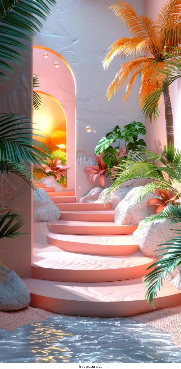 Tropical Minimalist Background with Pink Staircase and Palm Trees