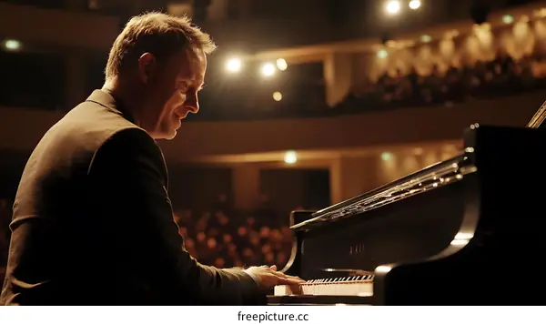 Man Playing Piano on Stage in Concert Hall