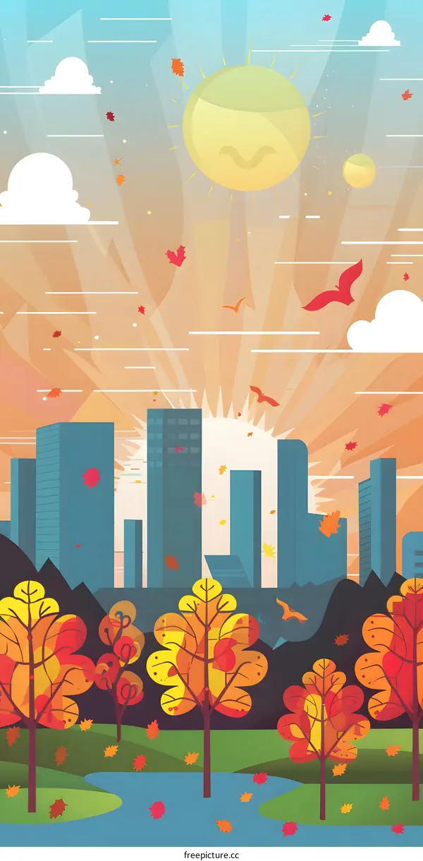 Cityscape Illustration with Autumn Leaves and Sun