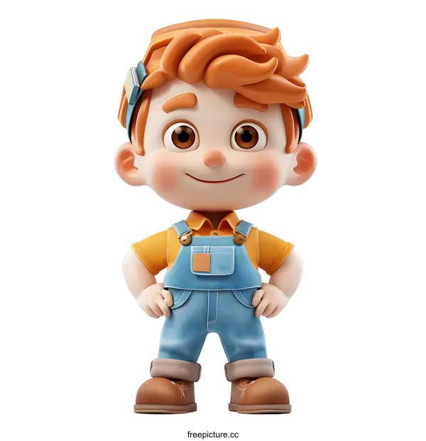 [Transparent Background PNG]Cute 3D cartoon character of a boy wearing a yellow shirt and blue overalls