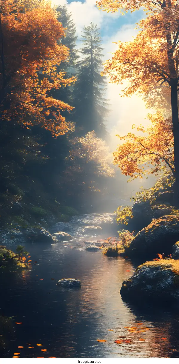 Autumn Forest Stream With Sunlight