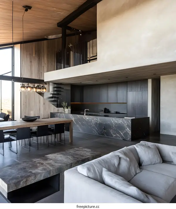 Modern Minimalist Open Concept Kitchen Design With Grey Sofa and Large Window