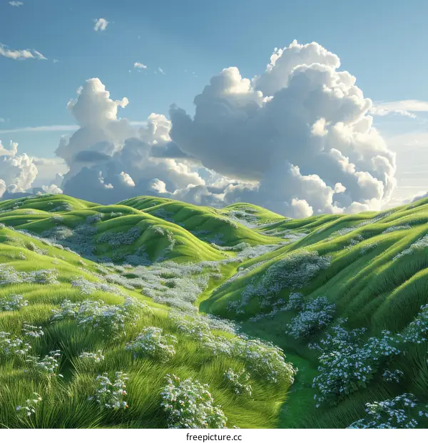 Green Hills and White Flowers under Blue Sky