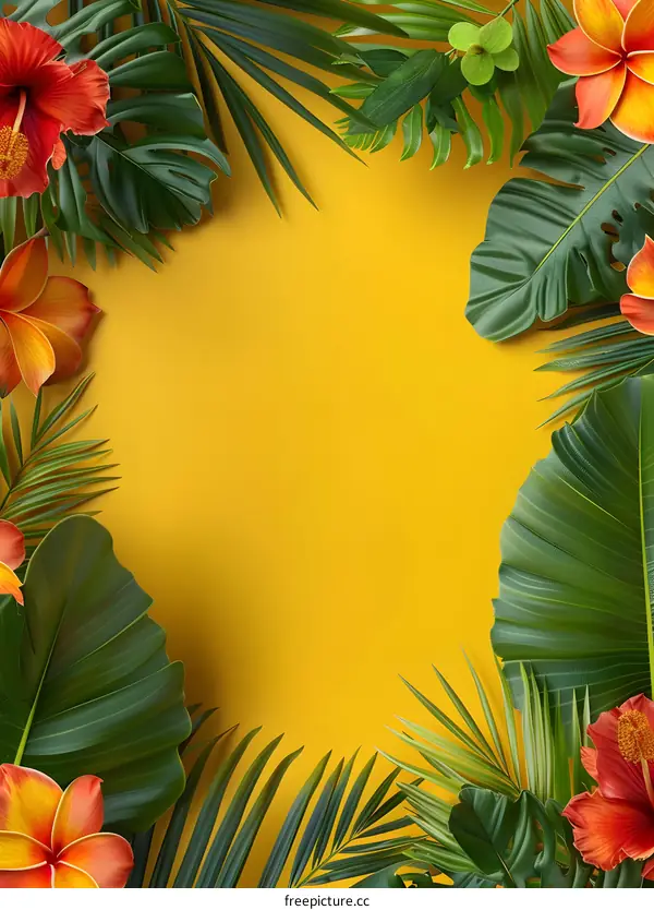 Tropical Leaves and Flowers Frame on Yellow Background
