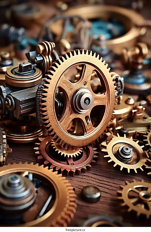 An artistic rendering of a variety of steampunk gears laying on a wooden table