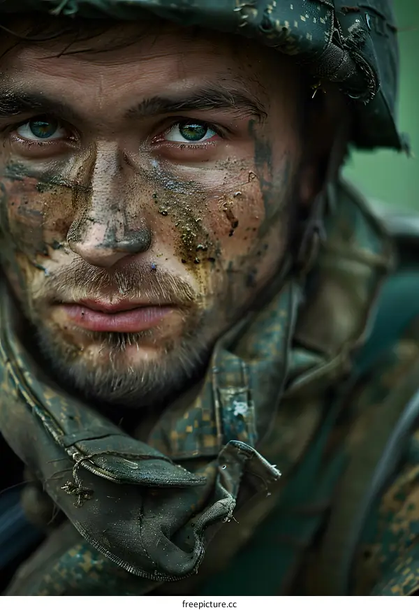 Portrait of a soldier with green eyes