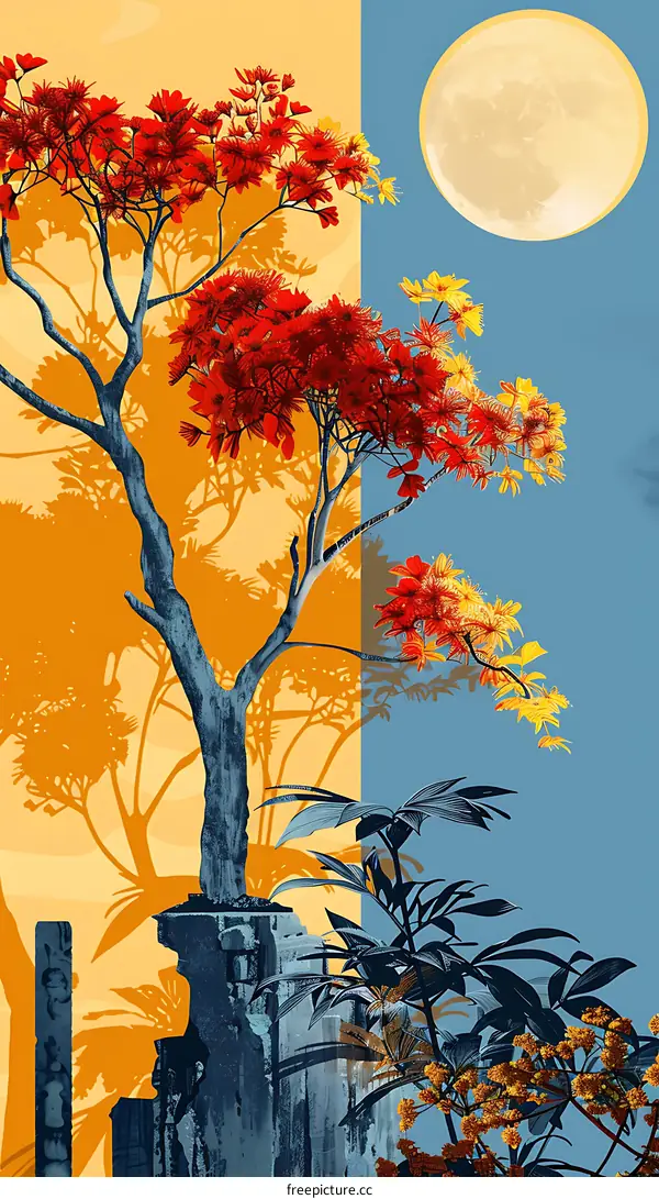 Moonlit Night with a Red and Yellow Tree