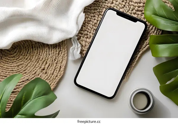 White Table with Phone, Leaves and a Knitted Coaster