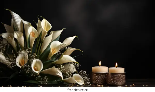 Elegant white calla lilies and candles on dark background