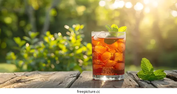 Refreshing iced tea with mint on a wooden table in the garden
