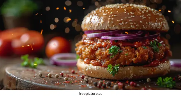 A delicious and juicy fried chicken burger with red onions and parsley